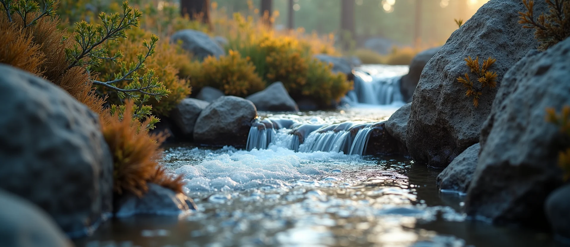Symbolizing Flow/Cleansing: A local Rabbitbrush hidden small waterfall. - AI Generated