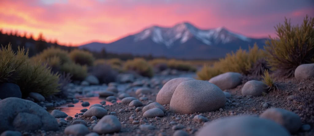 Symbolizing Flow/Cleansing: A local Rabbitbrush smooth Truckee river stones. - AI Generated