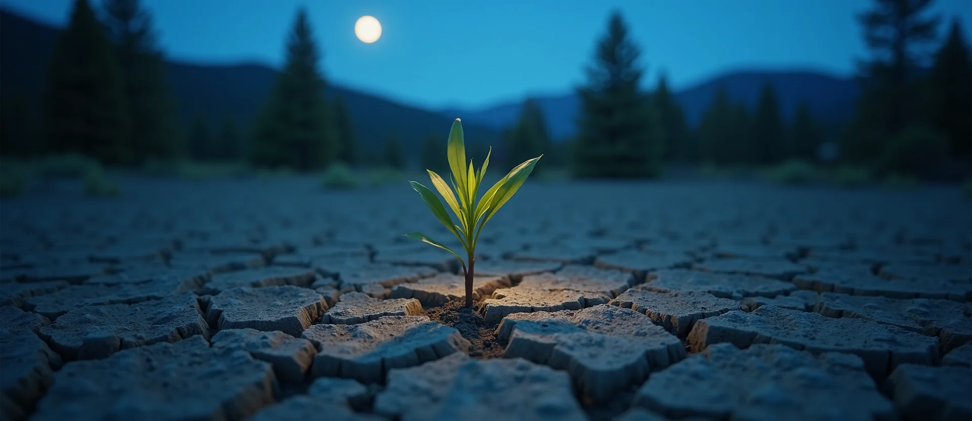Symbolizing Seed/New Beginning: A local Ponderosa Pine shoot emerging from cracked soil. - AI Generated
