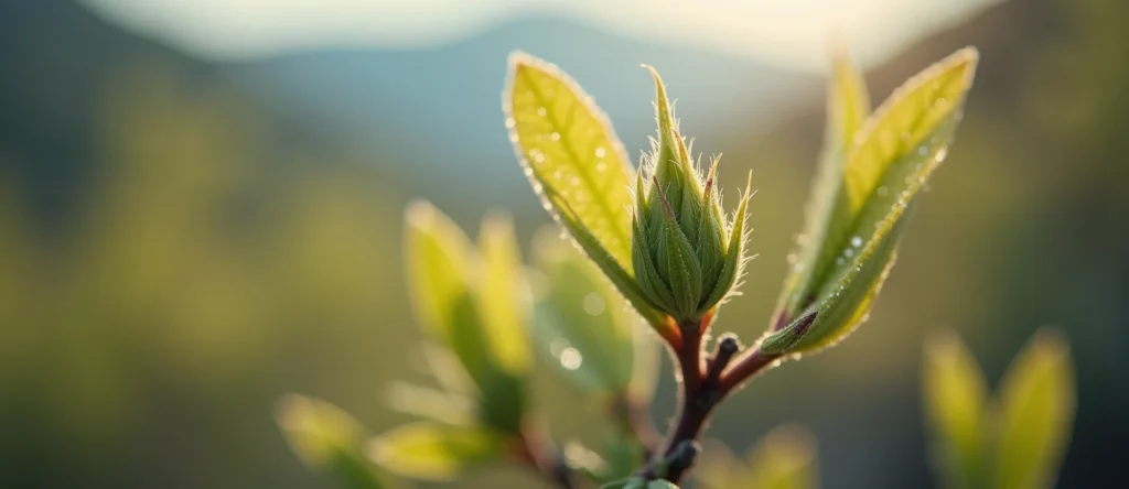 Symbolizing Seed/New Beginning: A local Indian Paintbrush new green bud on a branch. - AI Generated