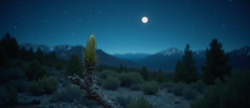 Symbolizing Seed/New Beginning: A local Ponderosa Pine new green bud on a branch. - AI Generated