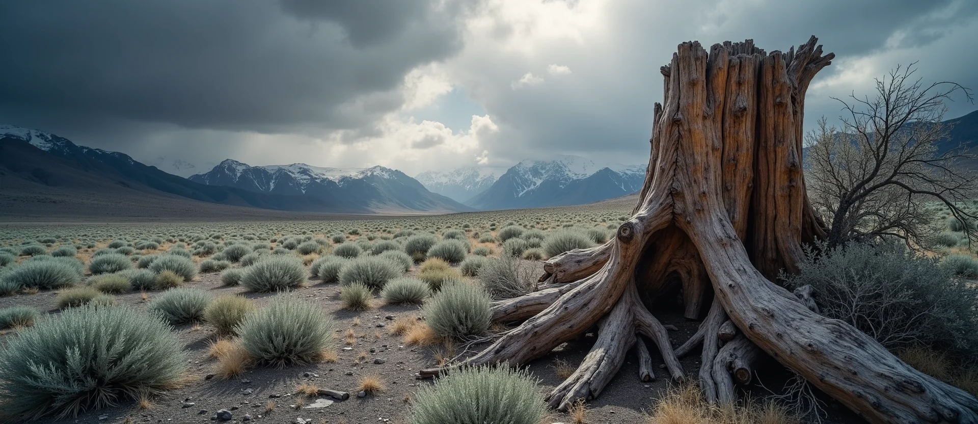 Symbolizing Growth/Resilience: A local Sagebrush (Artemisia tridentata) sturdy weathered tree trunk. - AI Generated