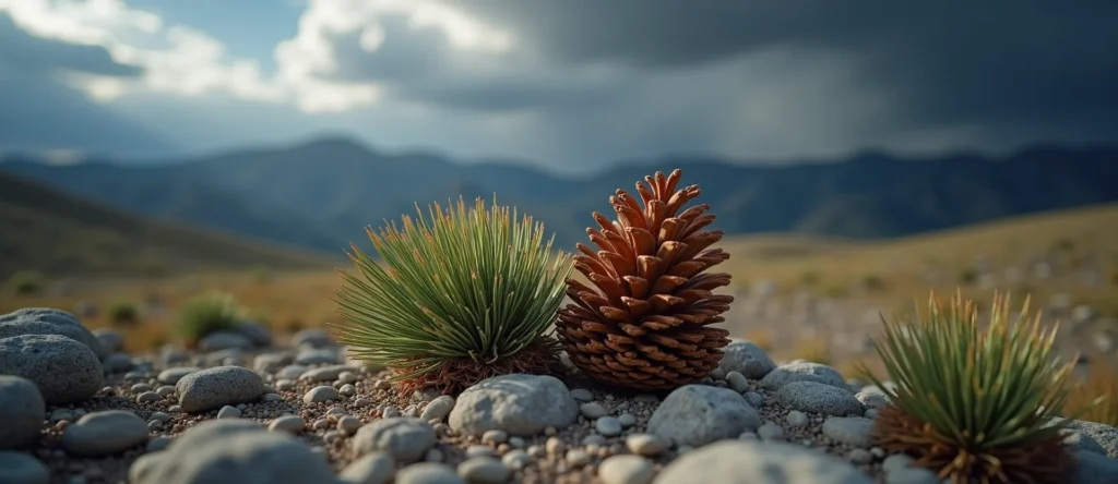 Symbolizing Seed/New Beginning: A local Indian Paintbrush opening pine cone. - AI Generated
