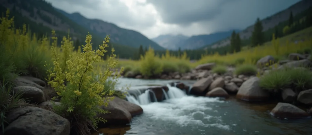 Symbolizing Flow/Cleansing: A local Bitterbrush hidden small waterfall. - AI Generated
