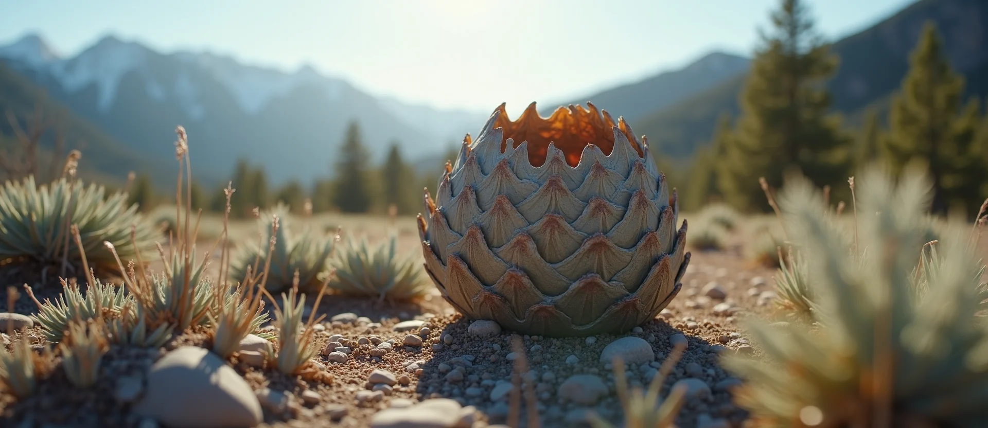 Symbolizing Seed/New Beginning: A local Bitterbrush opening pine cone. - AI Generated