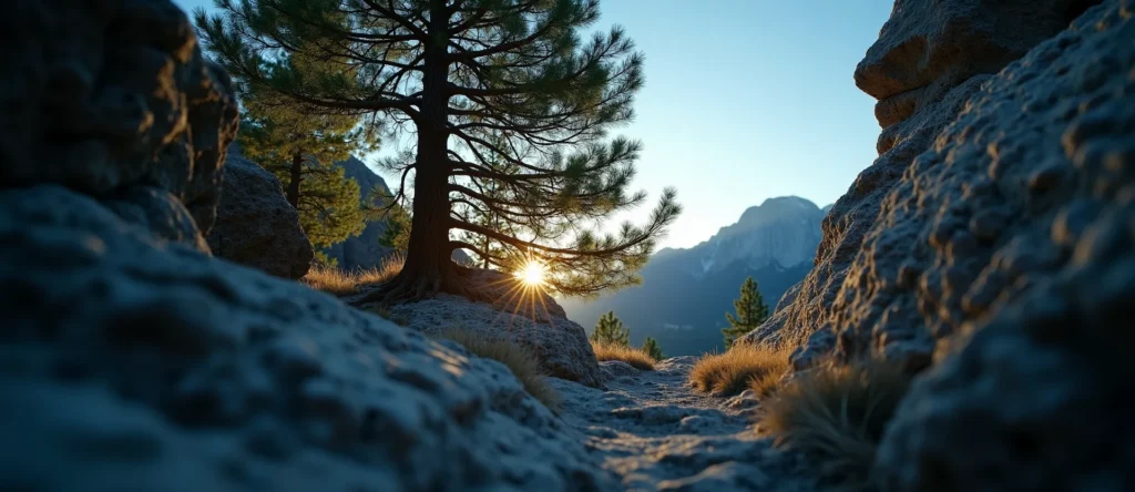 Symbolizing Growth/Resilience: A local Ponderosa Pine tree growing out of a rock cleft. - AI Generated