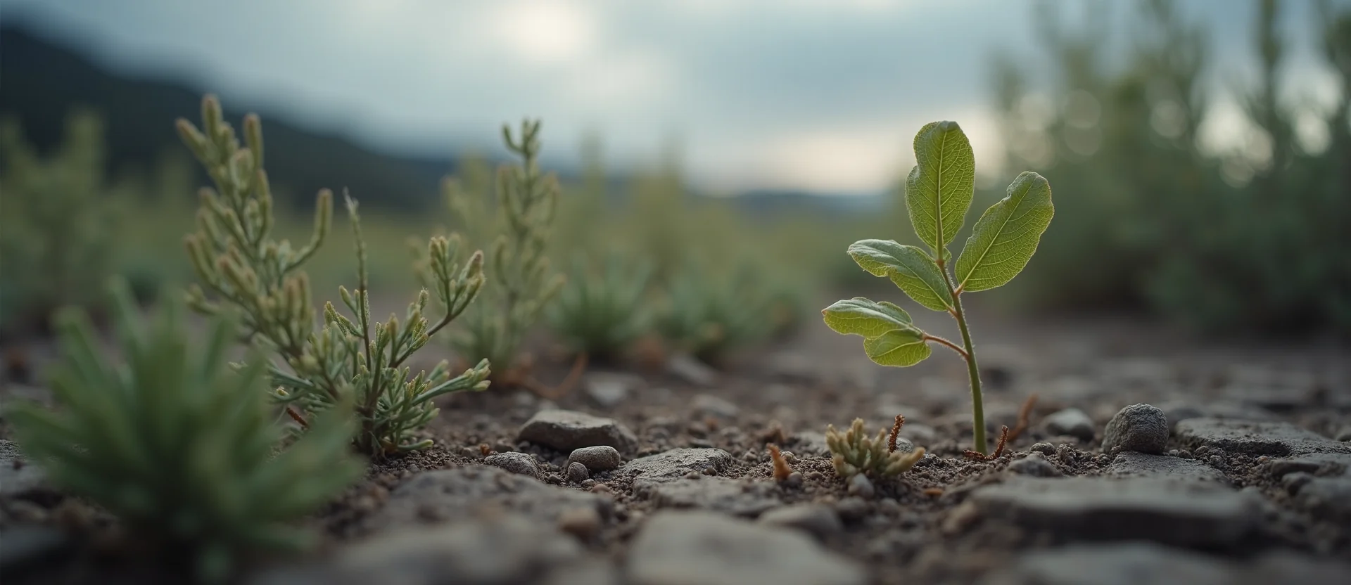Symbolizing Seed/New Beginning: A local Desert Peach shoot emerging from cracked soil. - AI Generated