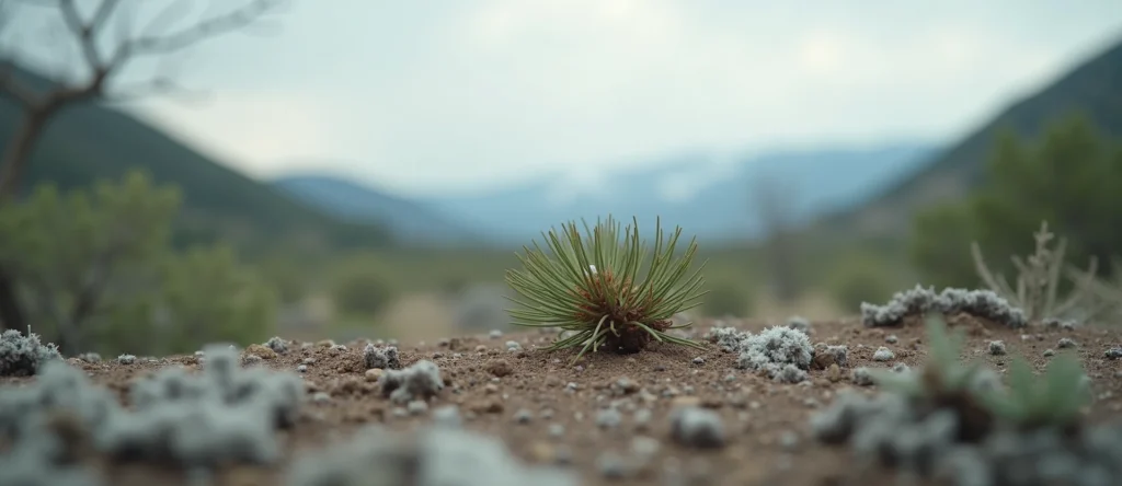 Symbolizing Seed/New Beginning: A local Quaking Aspen single pine seed on dry earth. - AI Generated