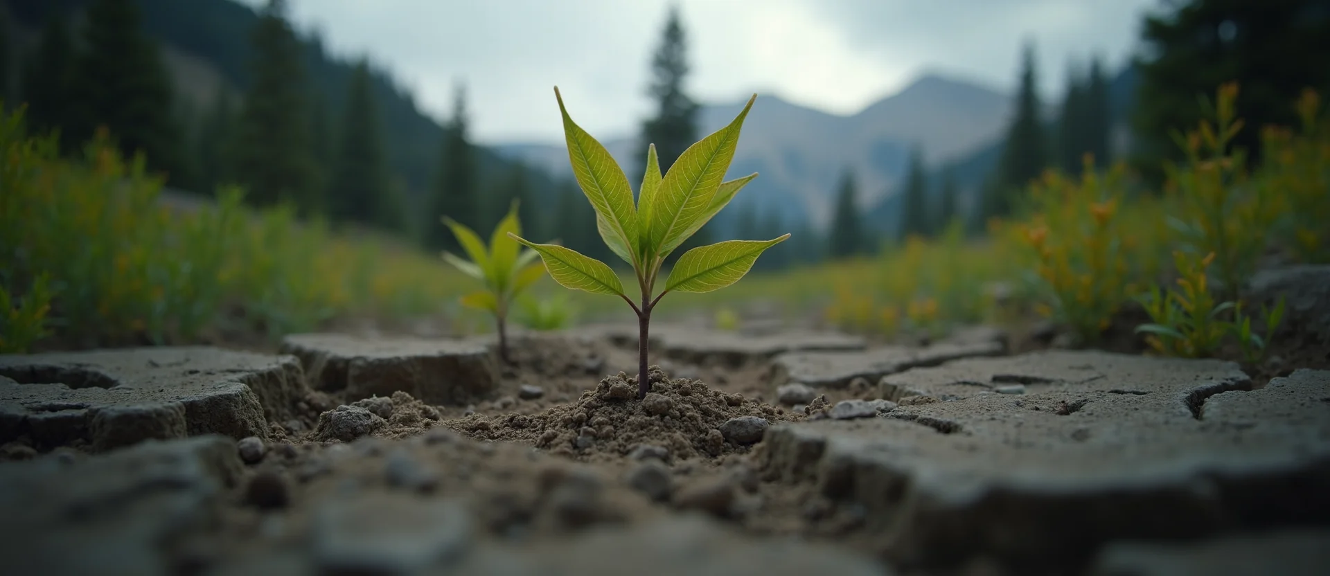 Symbolizing Seed/New Beginning: A local Quaking Aspen shoot emerging from cracked soil. - AI Generated