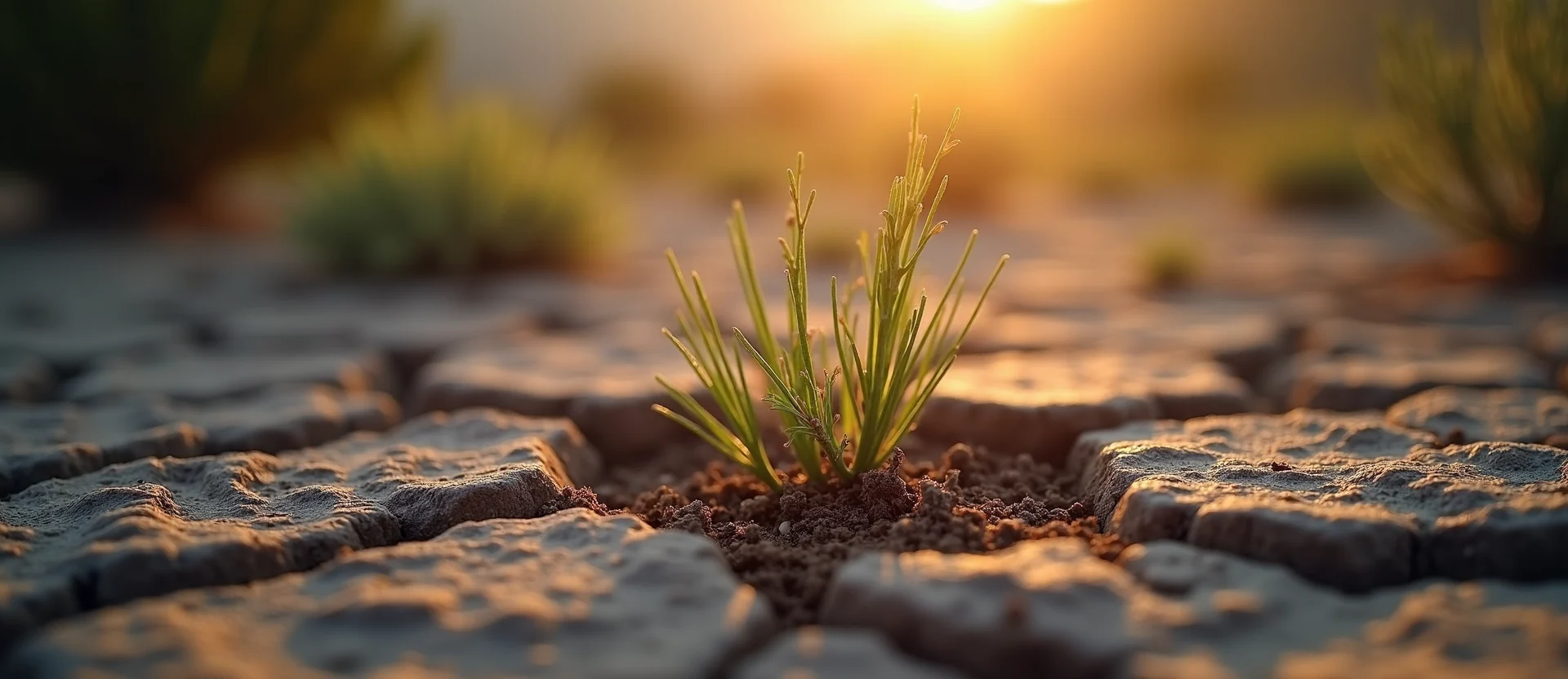 Symbolizing Seed/New Beginning: A local Sierra Juniper shoot emerging from cracked soil. - AI Generated