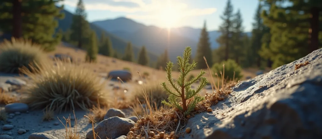 Symbolizing Seed/New Beginning: A local Desert Peach sprouting sagebrush seedling. - AI Generated