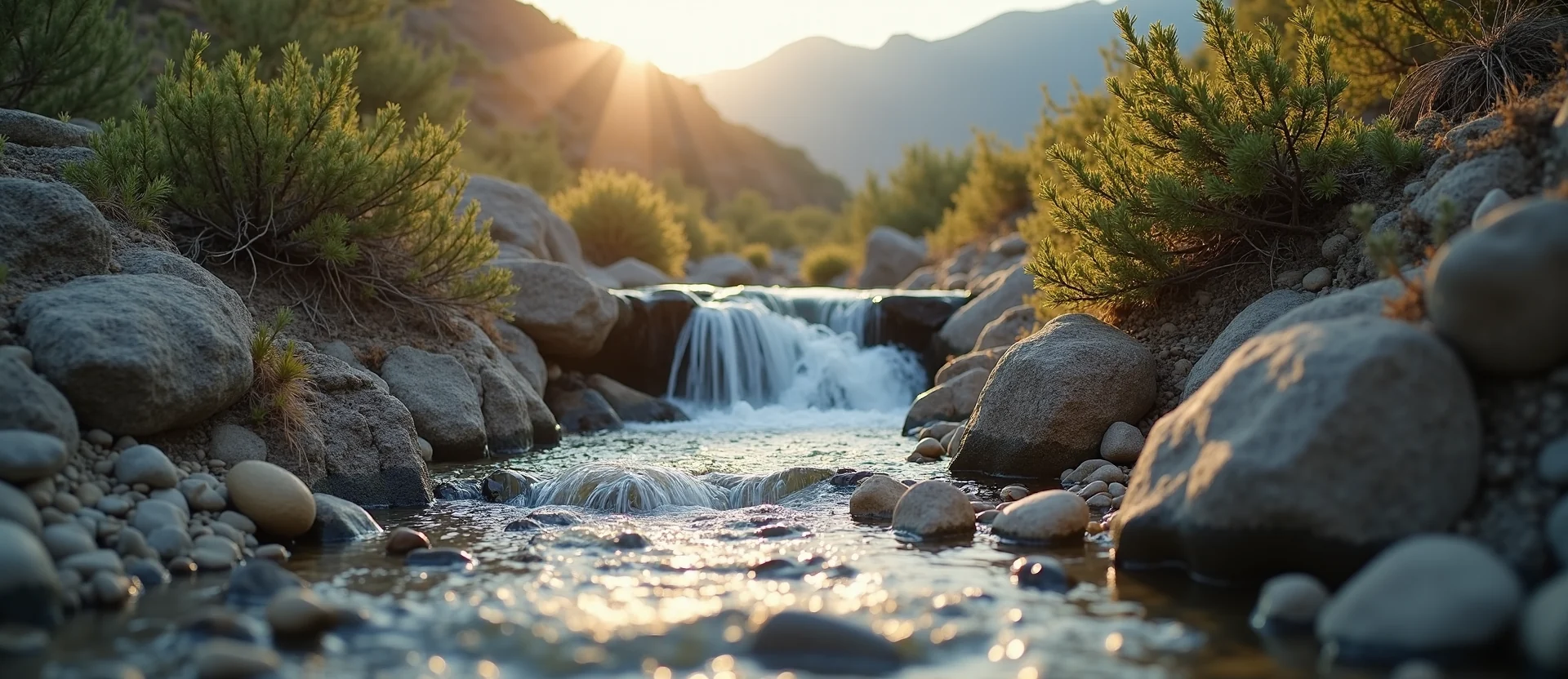 Symbolizing Flow/Cleansing: A local Bitterbrush hidden small waterfall. - AI Generated