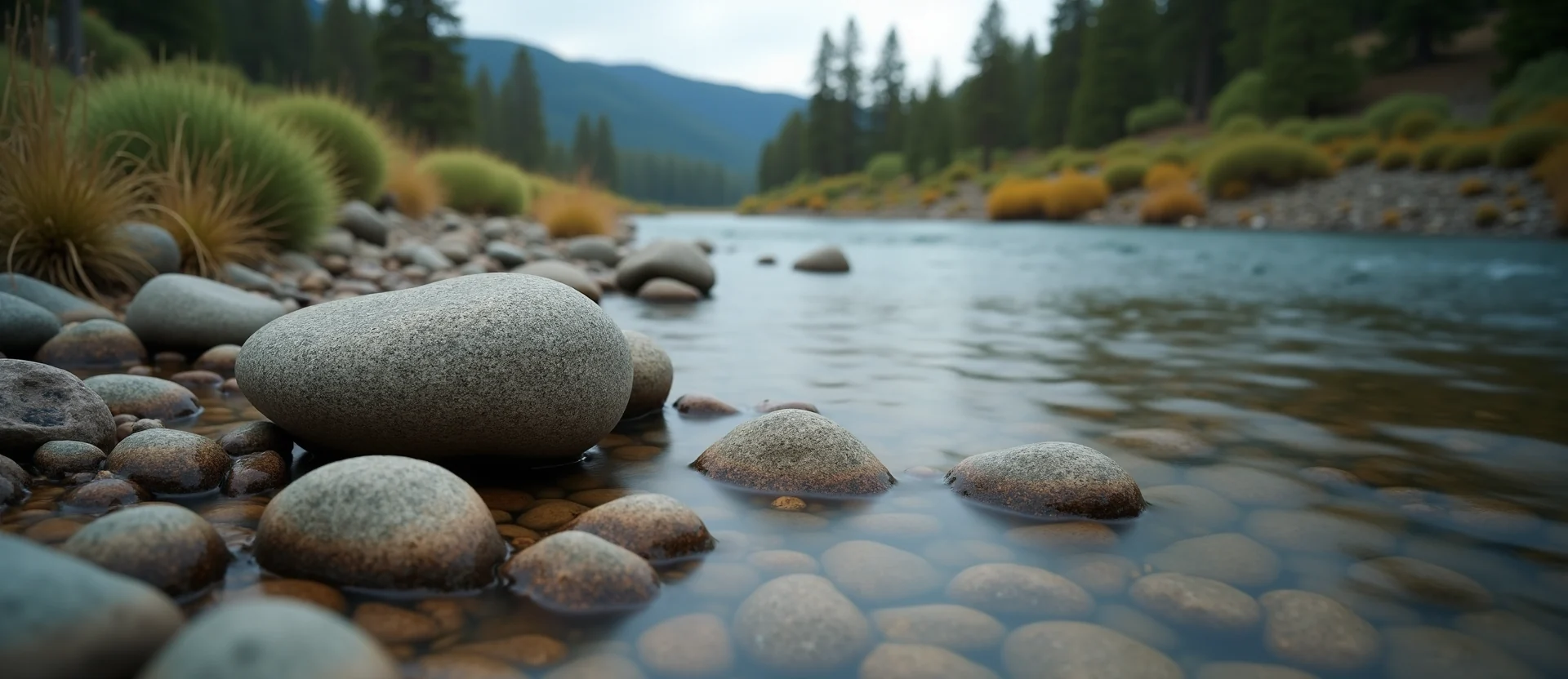 Symbolizing Flow/Cleansing: A local Sierra Juniper smooth Truckee river stones. - AI Generated