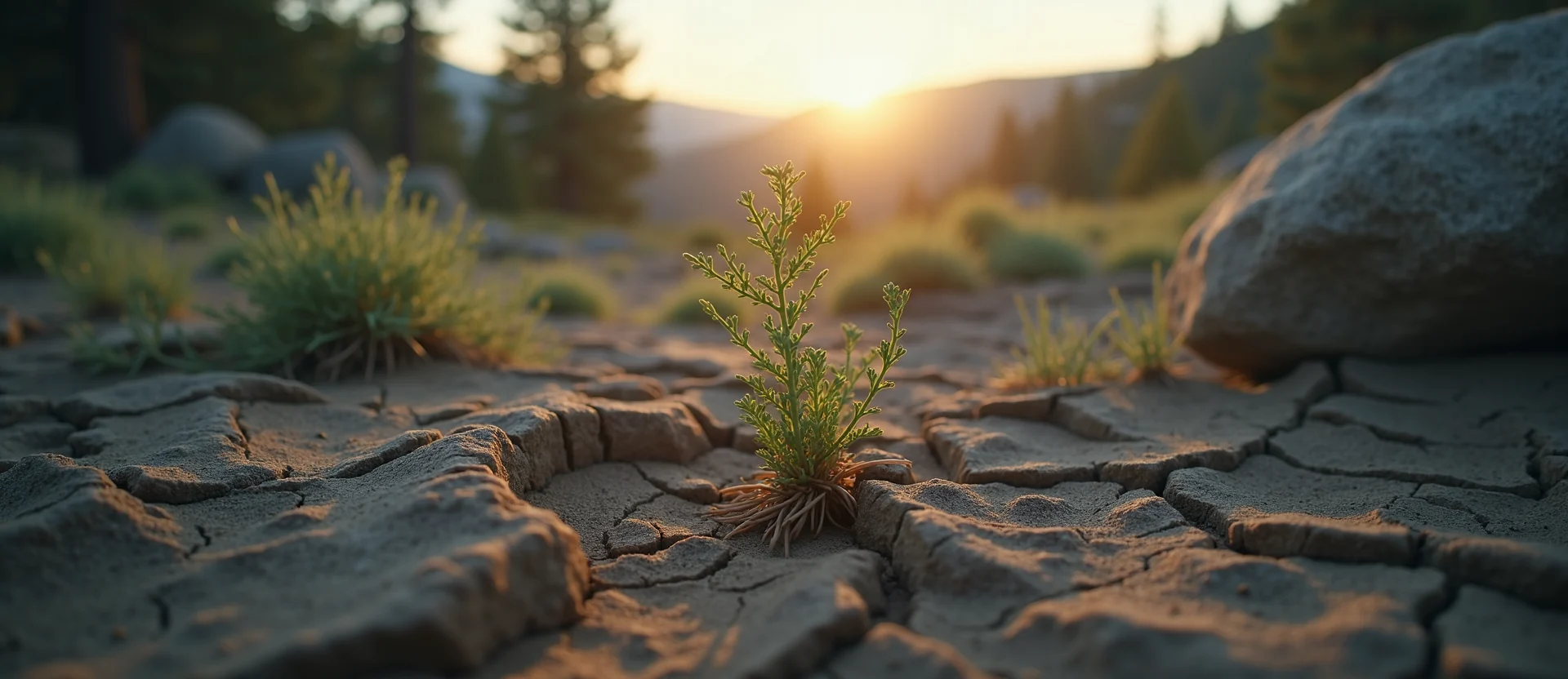 Symbolizing Seed/New Beginning: A local Sagebrush (Artemisia tridentata) shoot emerging from cracked soil. - AI Generated