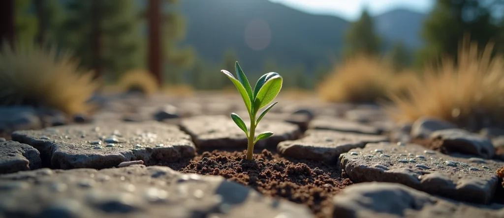 Symbolizing Seed/New Beginning: A local Ponderosa Pine shoot emerging from cracked soil. - AI Generated