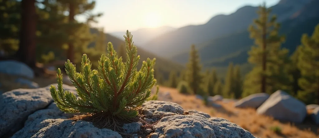 Symbolizing Seed/New Beginning: A local Ponderosa Pine new green bud on a branch. - AI Generated