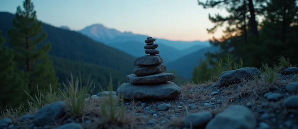 Symbolizing Stability/Peak: A local Ponderosa Pine ancient rock cairn. - AI Generated