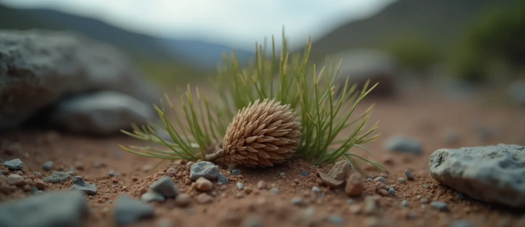 Symbolizing Seed/New Beginning: A local Desert Peach single pine seed on dry earth. - AI Generated