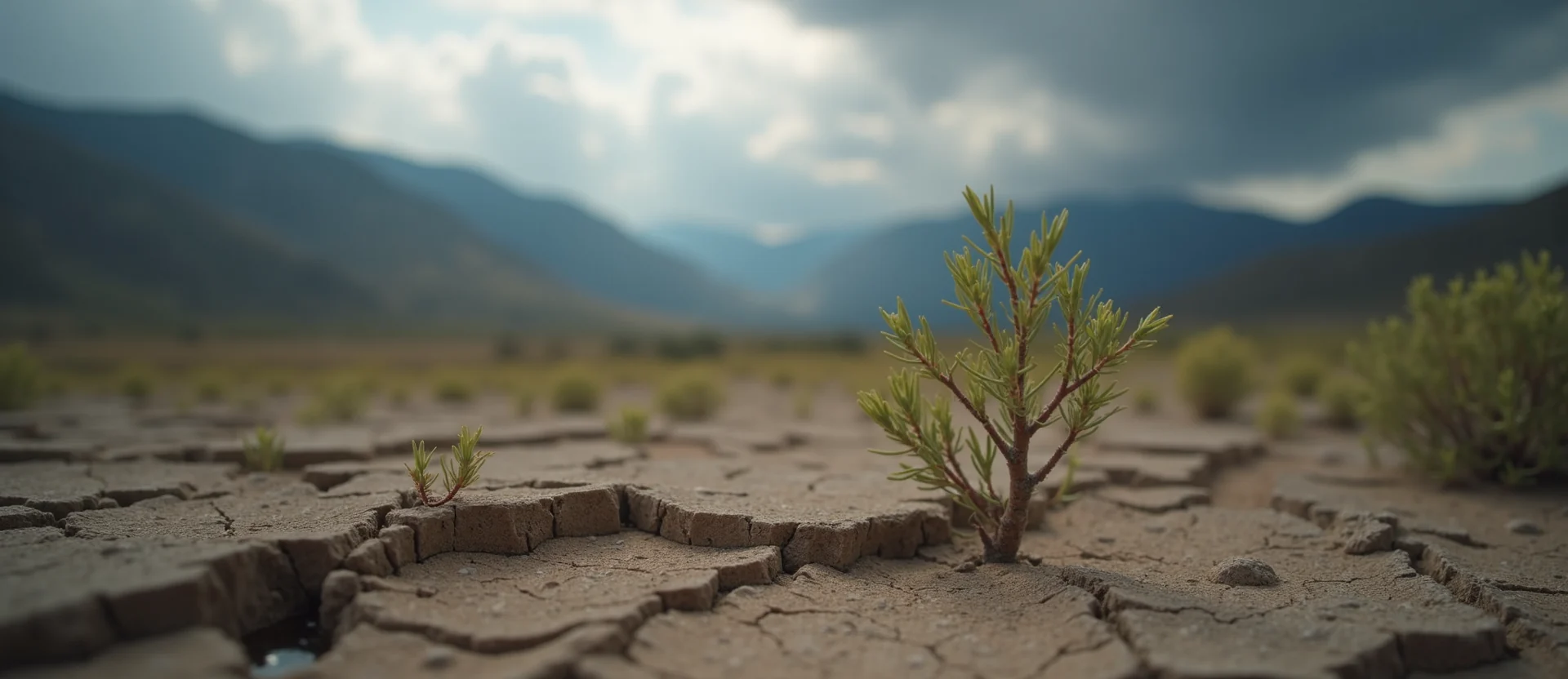 Symbolizing Seed/New Beginning: A local Rabbitbrush shoot emerging from cracked soil. - AI Generated