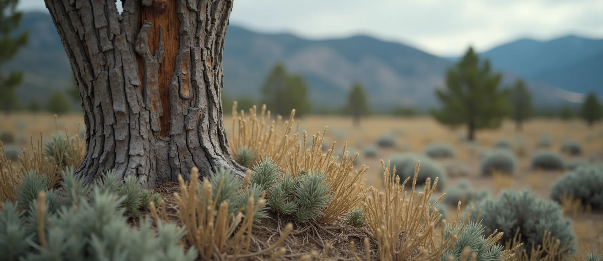 Symbolizing Growth/Resilience: A local Indian Paintbrush sturdy weathered tree trunk. - AI Generated