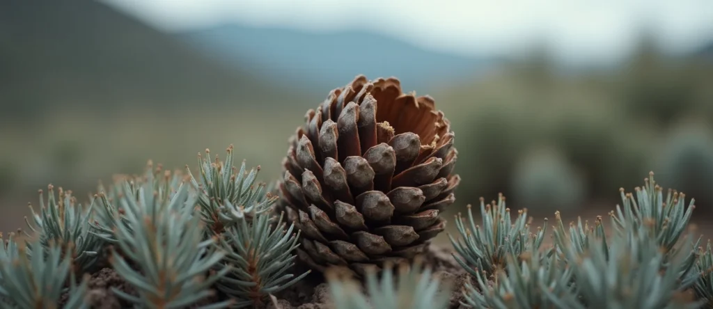 Symbolizing Seed/New Beginning: A local Bitterbrush opening pine cone. - AI Generated