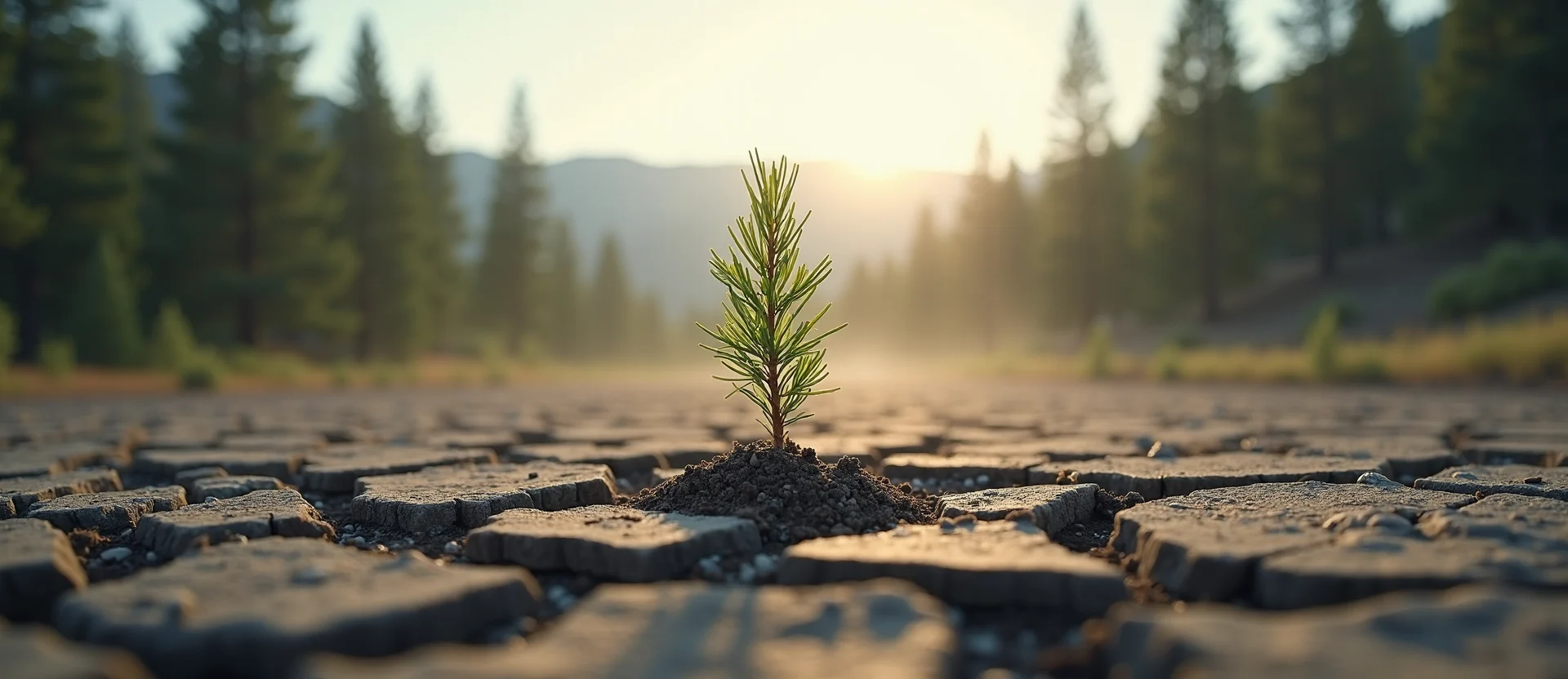 Symbolizing Seed/New Beginning: A local Ponderosa Pine shoot emerging from cracked soil. - AI Generated