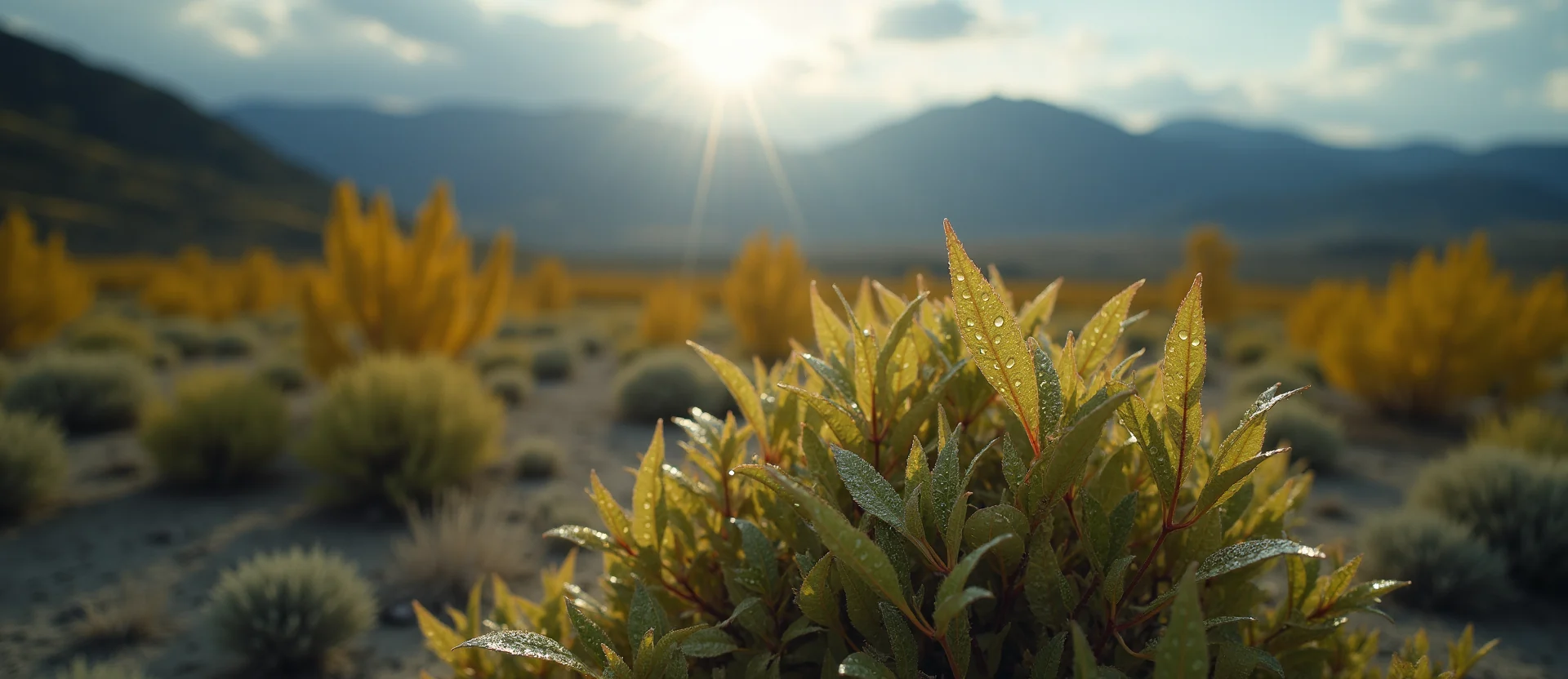 Symbolizing Flow/Cleansing: A local Desert Peach raindrops on desert leaves. - AI Generated