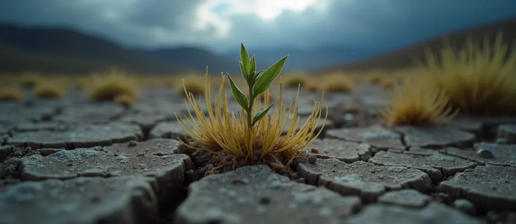 Symbolizing Seed/New Beginning: A local Indian Paintbrush shoot emerging from cracked soil. - AI Generated