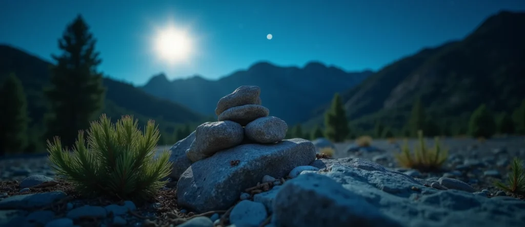 Symbolizing Stability/Peak: A local Quaking Aspen ancient rock cairn. - AI Generated