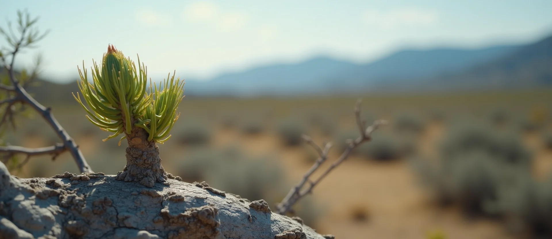 Symbolizing Seed/New Beginning: A local Sierra Juniper new green bud on a branch. - AI Generated