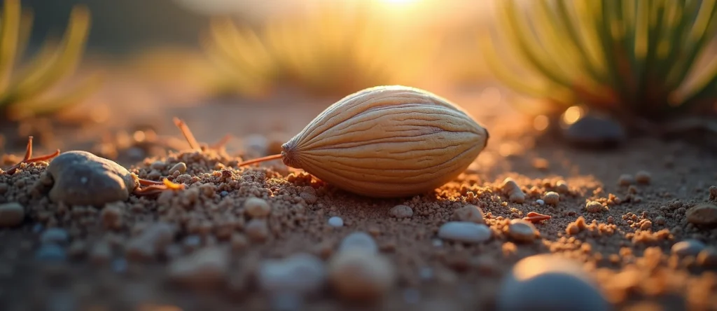 Symbolizing Seed/New Beginning: A local Rabbitbrush single pine seed on dry earth. - AI Generated