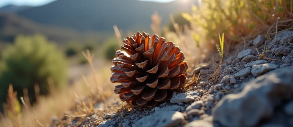 Symbolizing Seed/New Beginning: A local Bitterbrush opening pine cone. - AI Generated