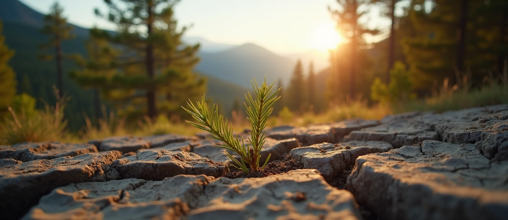 Symbolizing Seed/New Beginning: A local Sierra Juniper shoot emerging from cracked soil. - AI Generated