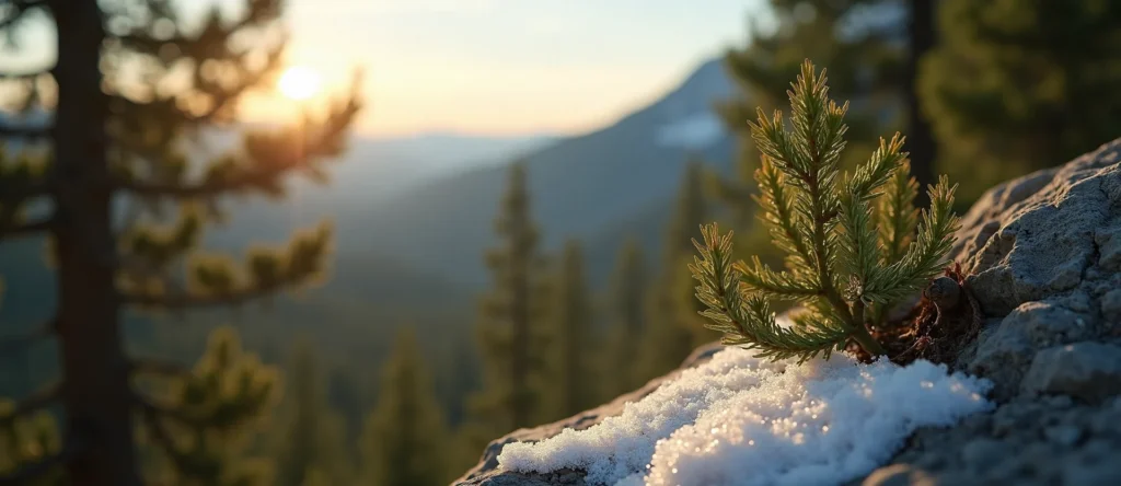 Symbolizing Seed/New Beginning: A local Ponderosa Pine new green bud on a branch. - AI Generated