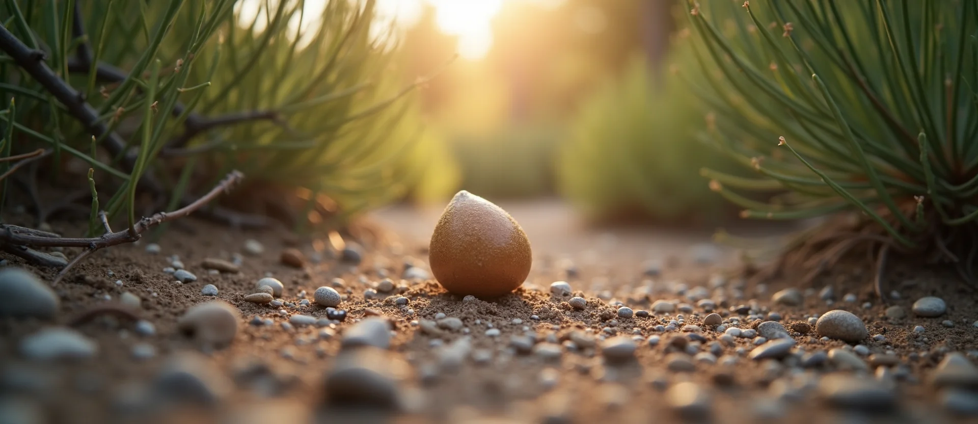 Symbolizing Seed/New Beginning: A local Sierra Juniper single pine seed on dry earth. - AI Generated