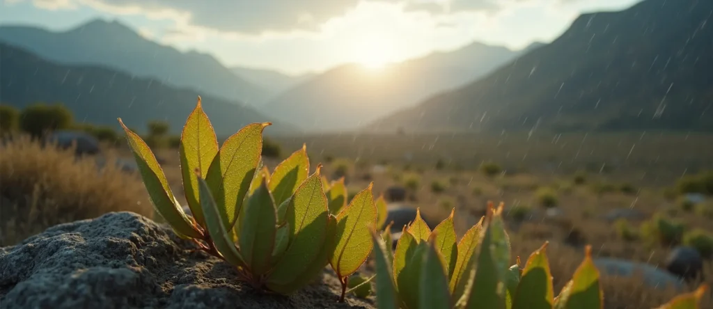 Symbolizing Flow/Cleansing: A local Desert Peach raindrops on desert leaves. - AI Generated