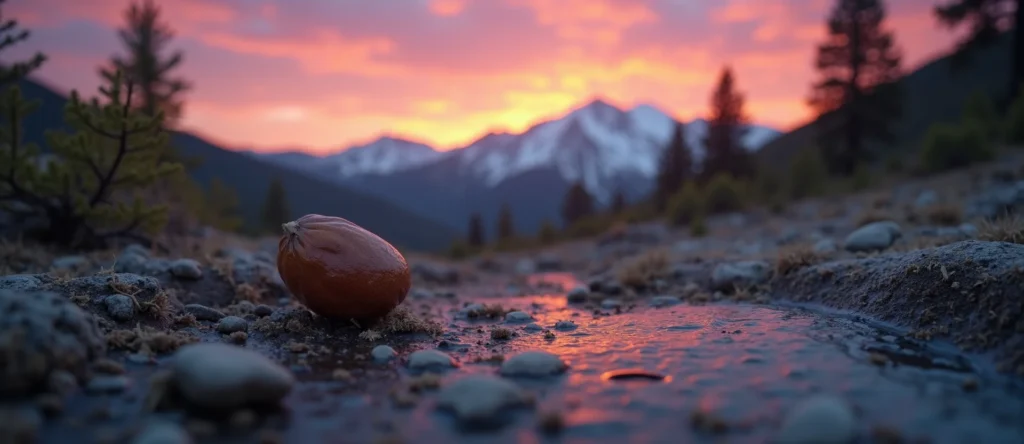 Symbolizing Seed/New Beginning: A local Mountain Mahogany single pine seed on dry earth. - AI Generated