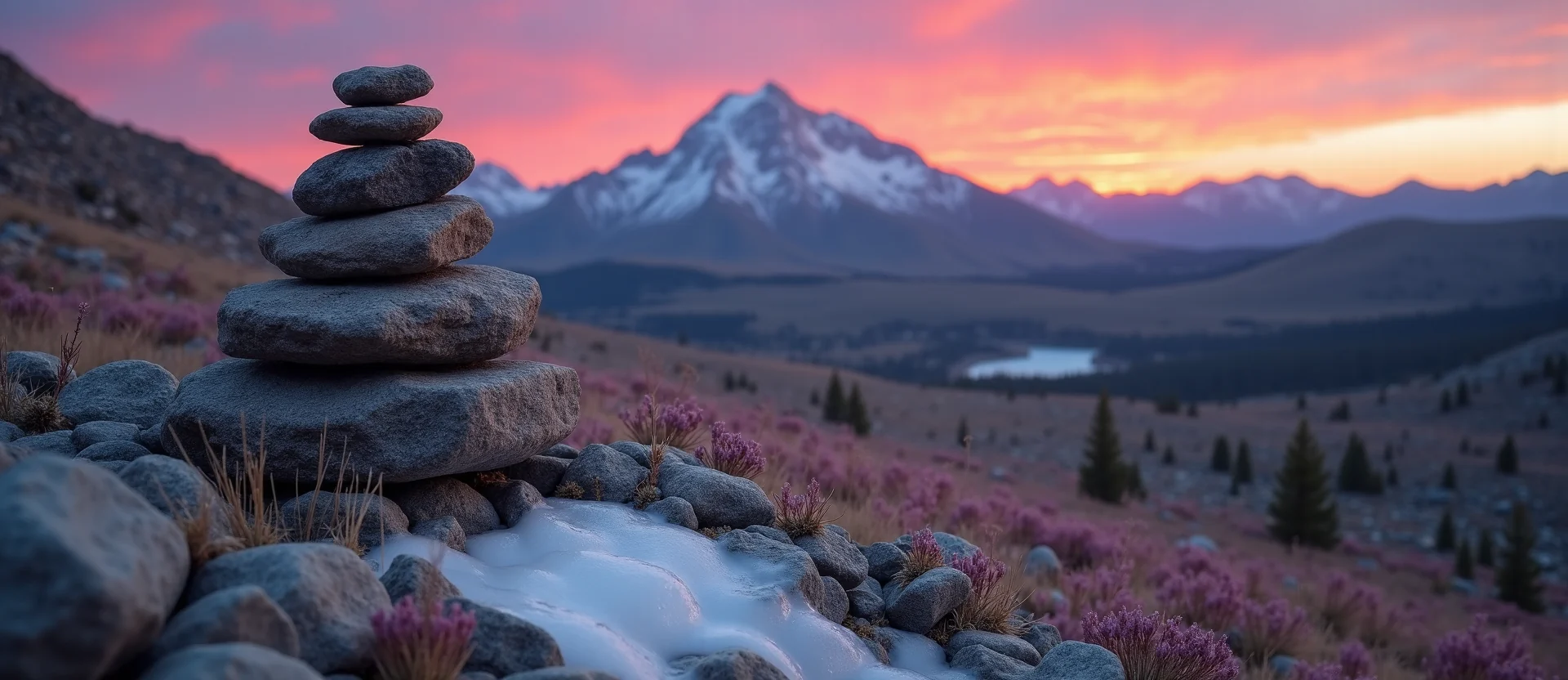 Symbolizing Stability/Peak: A local Indian Paintbrush ancient rock cairn. - AI Generated