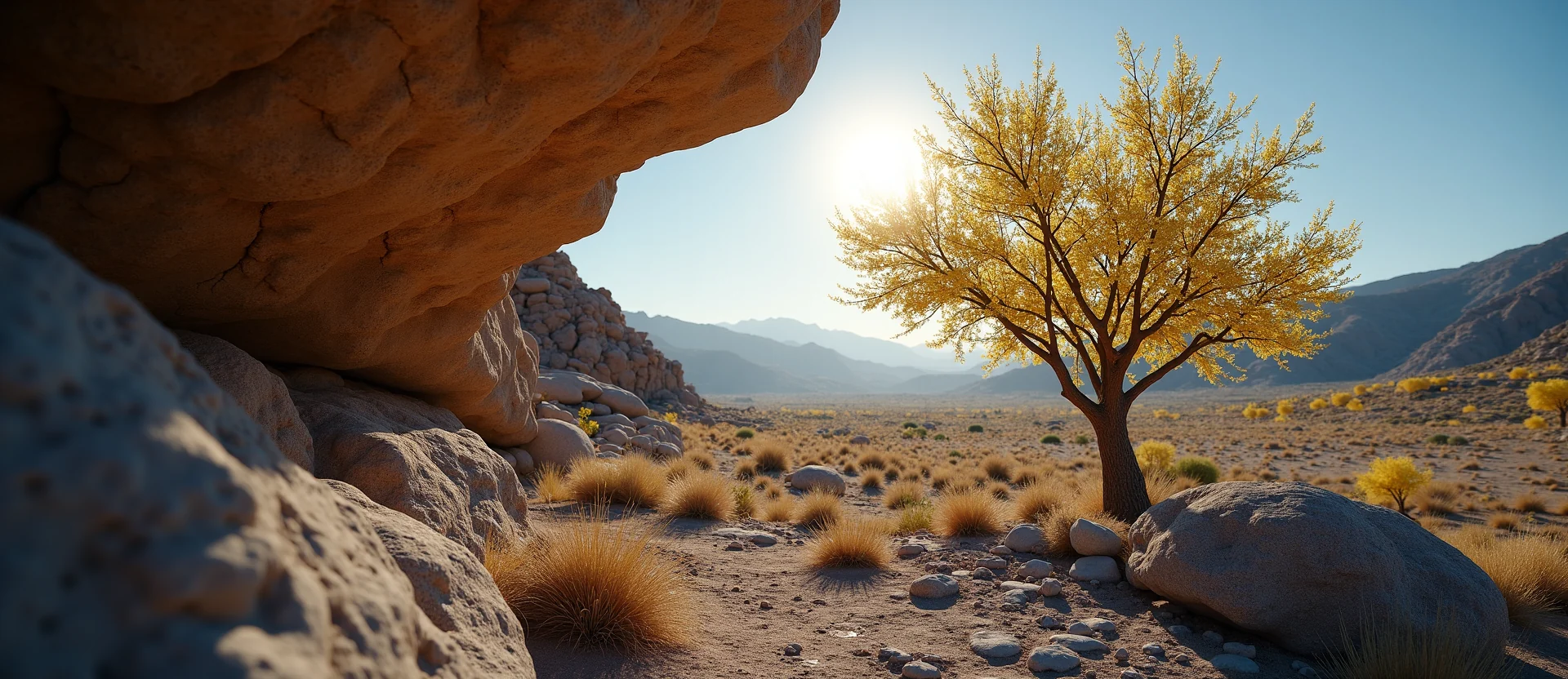 Symbolizing Growth/Resilience: A local Desert Peach tree growing out of a rock cleft. - AI Generated