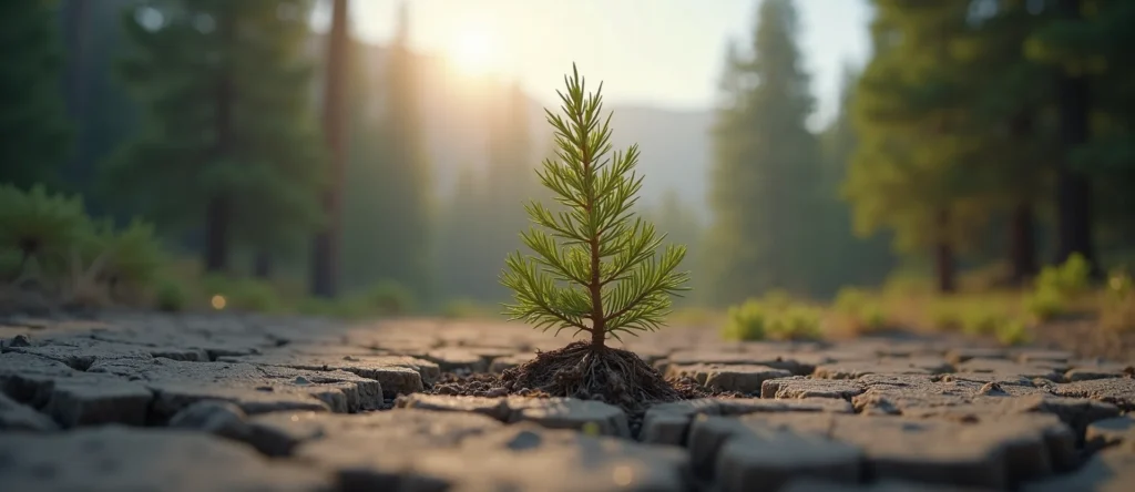 Symbolizing Seed/New Beginning: A local Sierra Juniper shoot emerging from cracked soil. - AI Generated