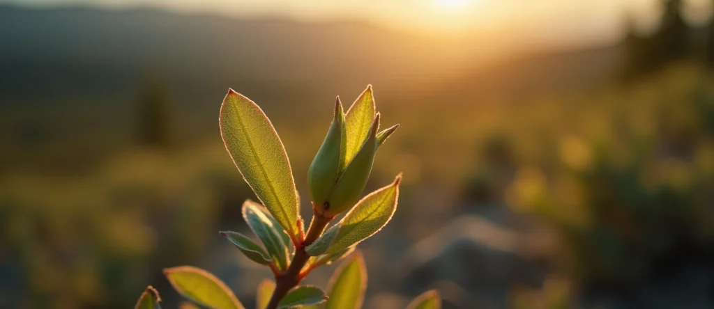 Symbolizing Seed/New Beginning: A local Desert Peach new green bud on a branch. - AI Generated
