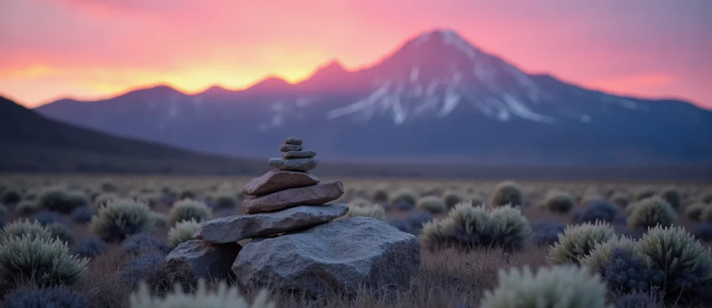 Symbolizing Stability/Peak: A local Rabbitbrush ancient rock cairn. - AI Generated