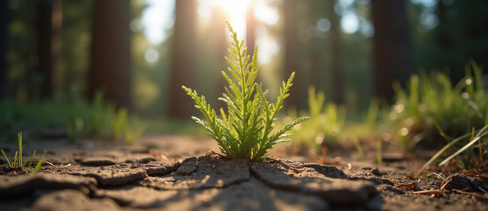 Symbolizing Seed/New Beginning: A local Bitterbrush shoot emerging from cracked soil. - AI Generated