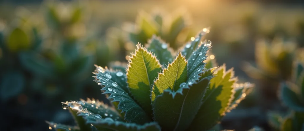 Symbolizing Flow/Cleansing: A local Indian Paintbrush raindrops on desert leaves. - AI Generated