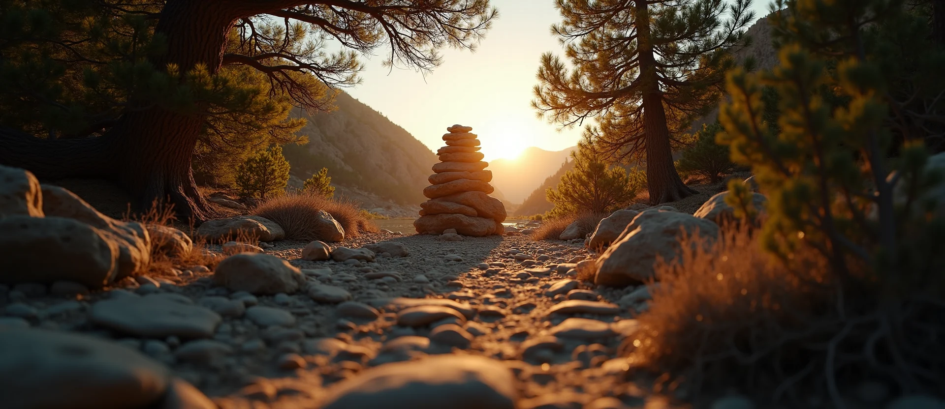 Symbolizing Stability/Peak: A local Sierra Juniper ancient rock cairn. - AI Generated
