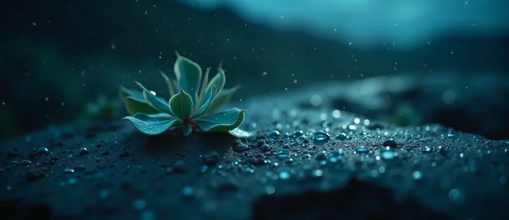 Symbolizing Flow/Cleansing: A local Quaking Aspen raindrops on desert leaves. - AI Generated