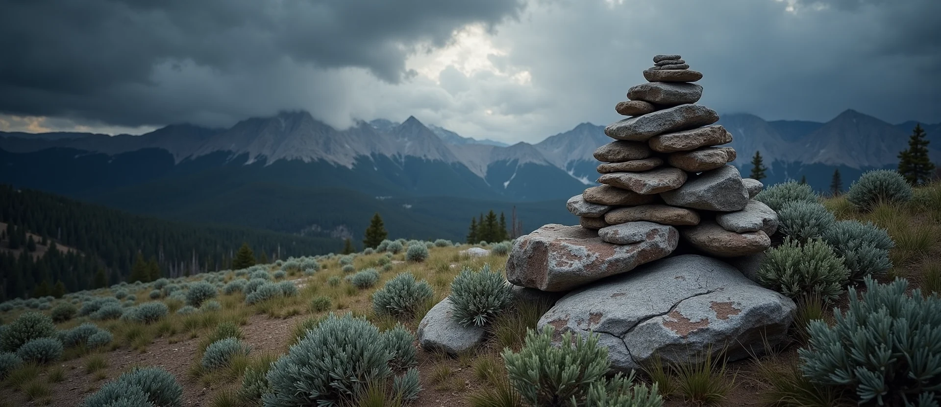 Symbolizing Stability/Peak: A local Quaking Aspen ancient rock cairn. - AI Generated