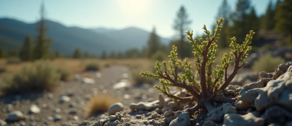 Symbolizing Seed/New Beginning: A local Sierra Juniper new green bud on a branch. - AI Generated