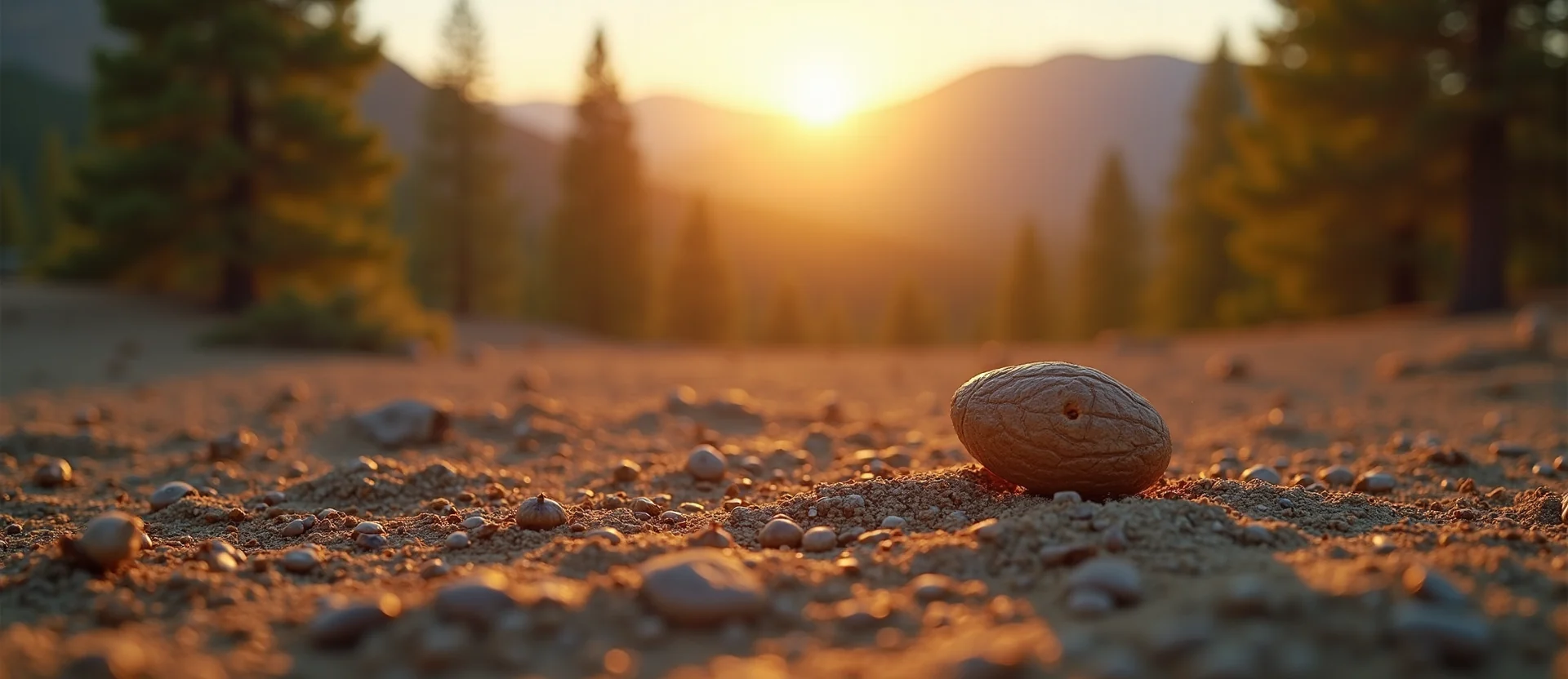 Symbolizing Seed/New Beginning: A local Ponderosa Pine single pine seed on dry earth. - AI Generated