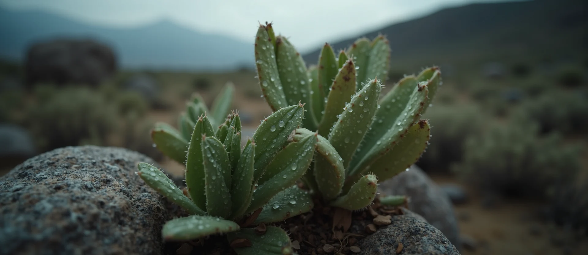 Symbolizing Flow/Cleansing: A local Desert Peach raindrops on desert leaves. - AI Generated